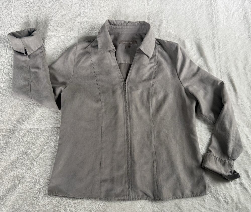 Croft & Barrow Gray Large Full Zip Long Sleeve Micro Suede Embossed Print Top